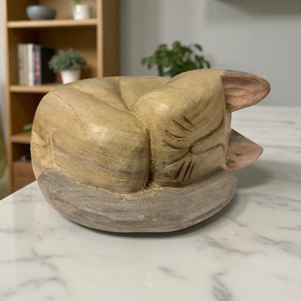 Heavy 11" Carved Wood Curled Up Sleeping CAT Wood Figurine Dior Stopper Vintage